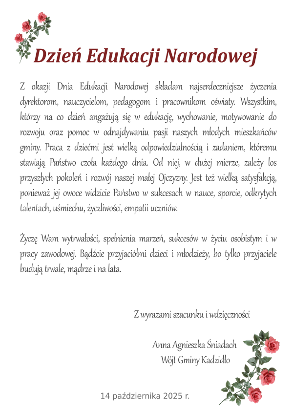 Życzenia z okazji Dnia Edukacji Narodowej