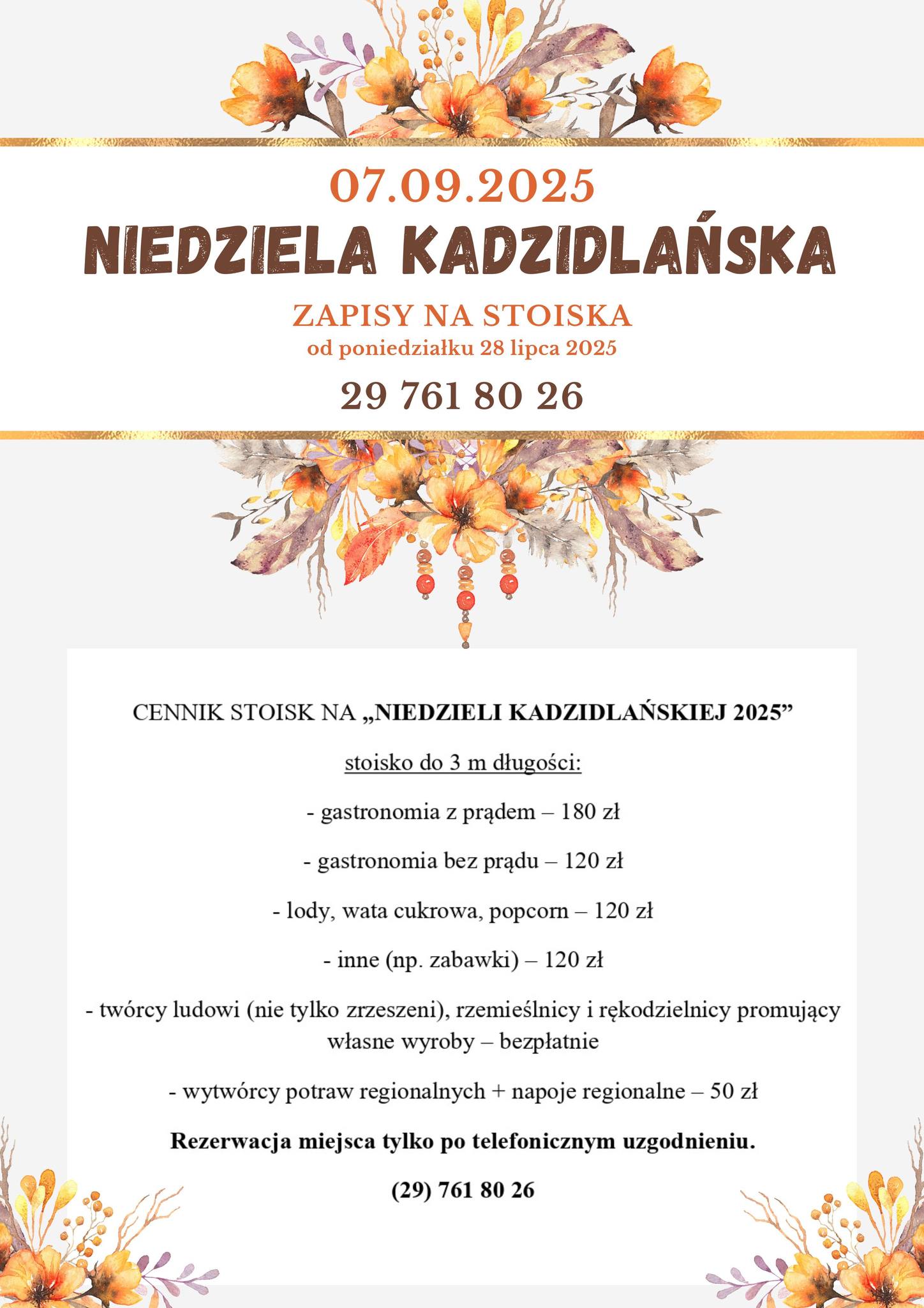 Informacja dotycząca stoisk na Niedzieli Kadzidlańskiej