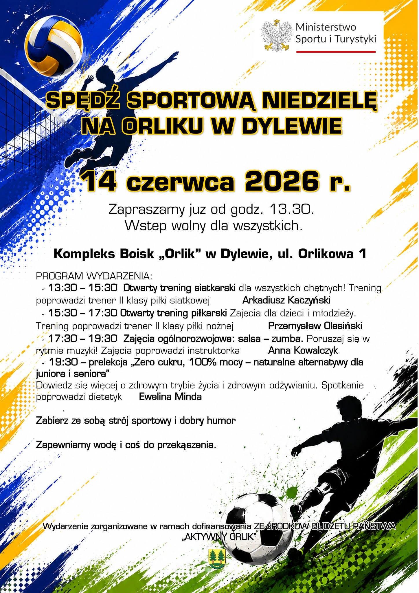 W niedzielę 14 czerwca zapraszamy do Dylewa, na boisko Orlik  na SPORTOWY DZIEŃ NA ORLIKU